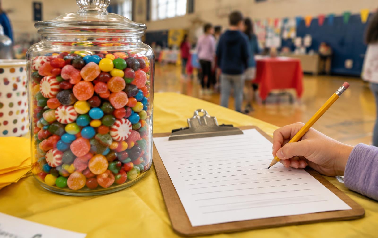 A giant candy jar with a guess-the-count sheet beside it
