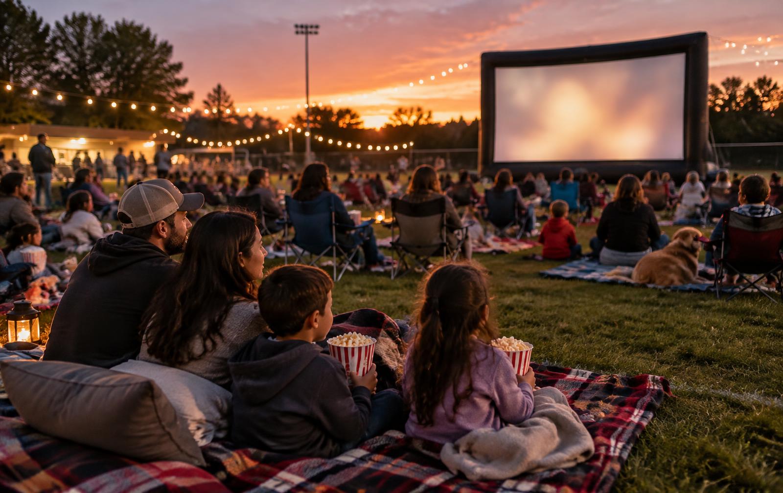Families at an outdoor movie night fundraiser